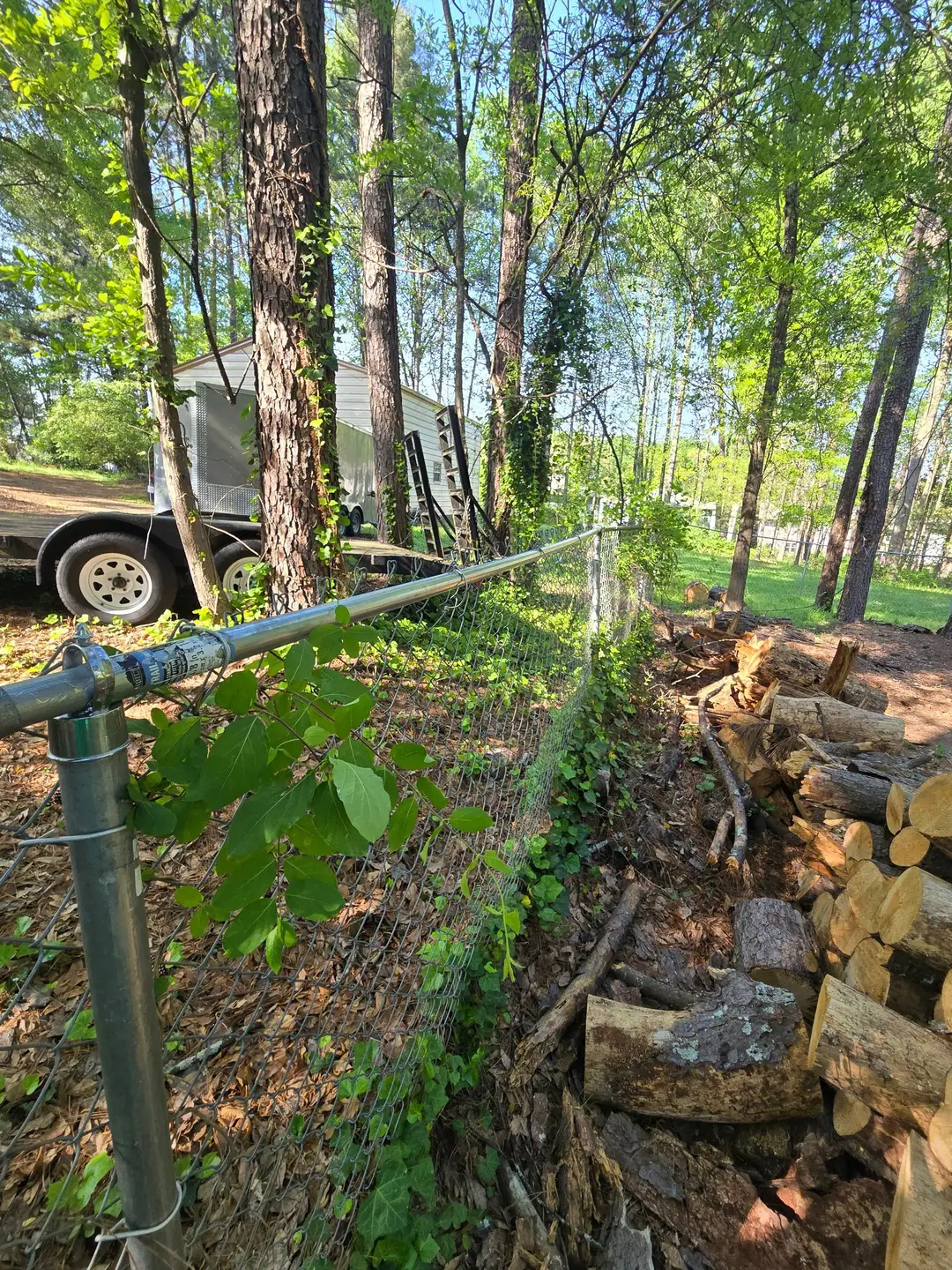 Straight galvanized top rail on a chain link fence through wooded ground