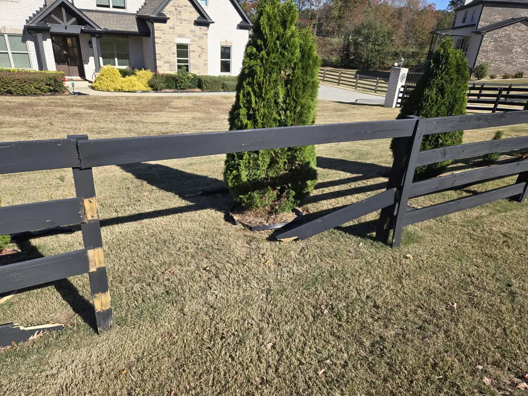 Before: a black four-board farm fence with a snapped rail and bare post
