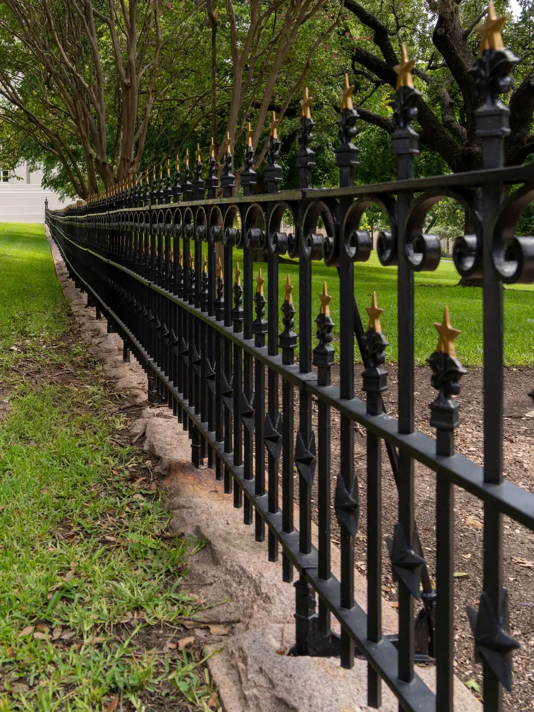 Black iron picket fence along a lawn (representative photo)