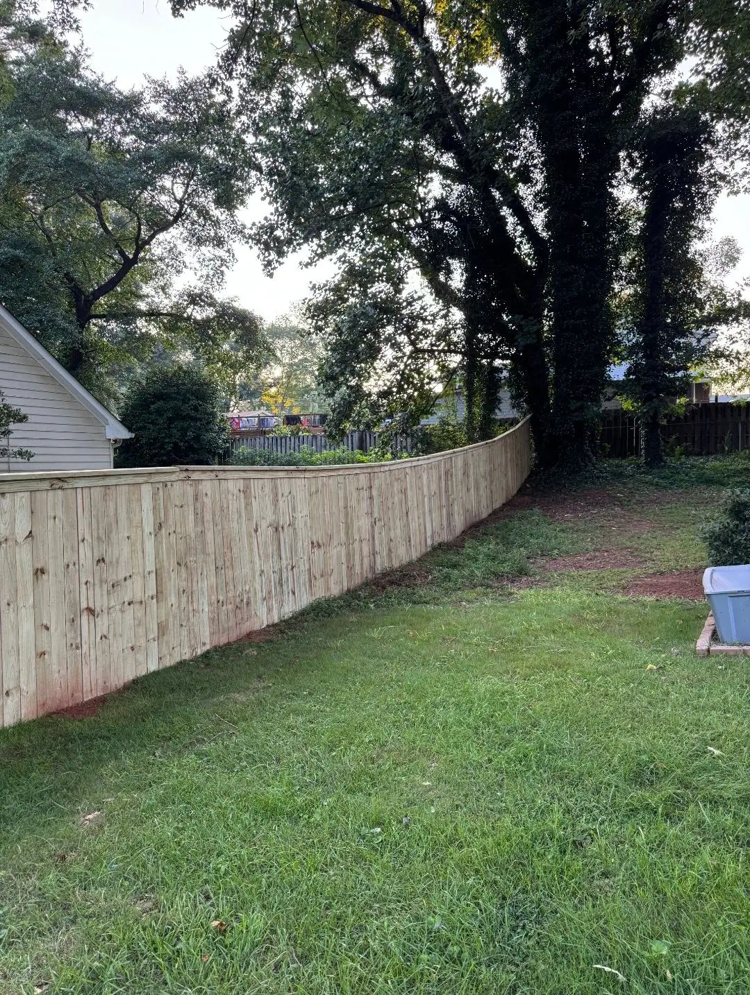 New wood privacy fence curving along a tree-lined backyard