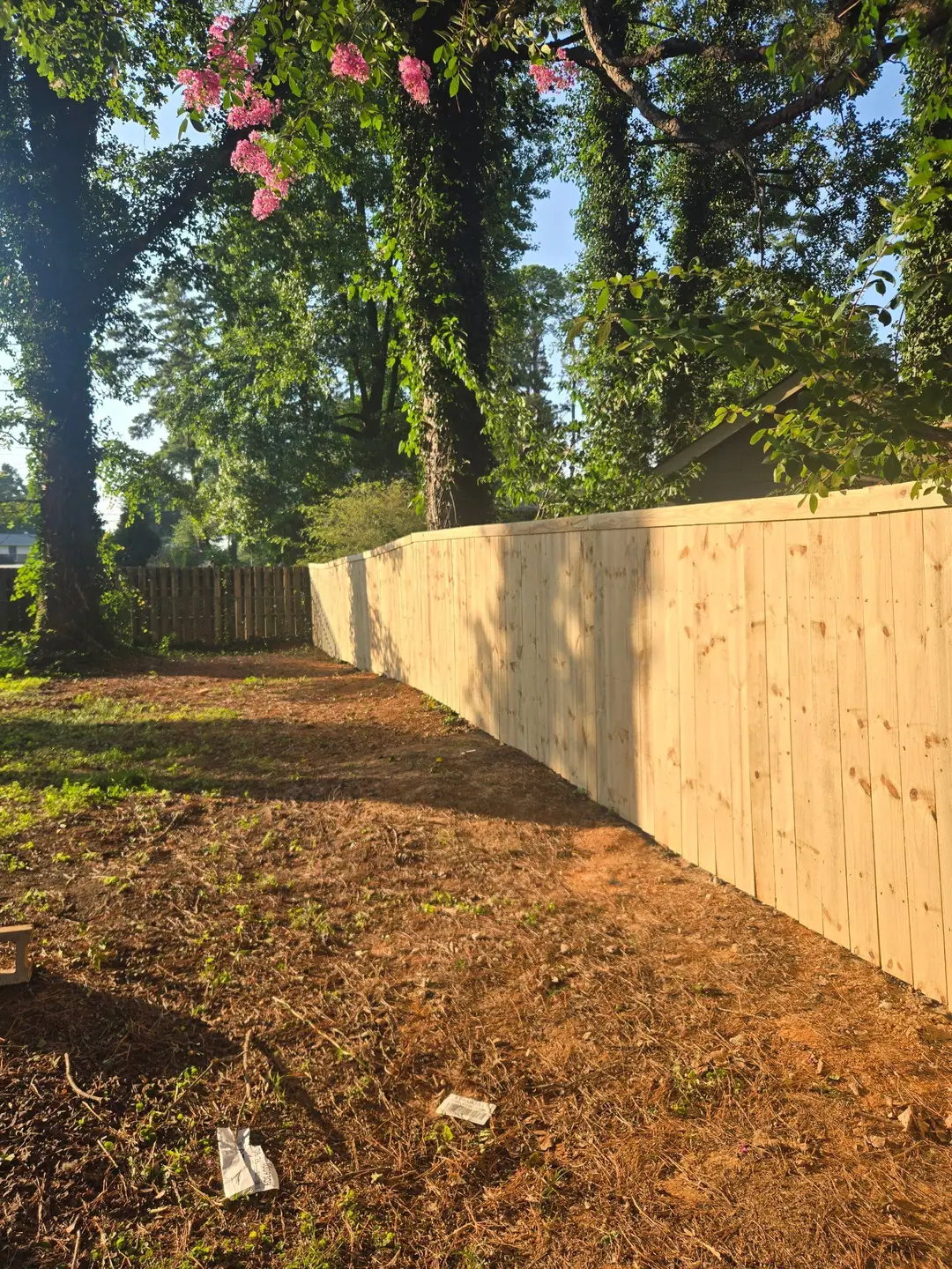New wood privacy fence running along a shaded backyard in morning sun